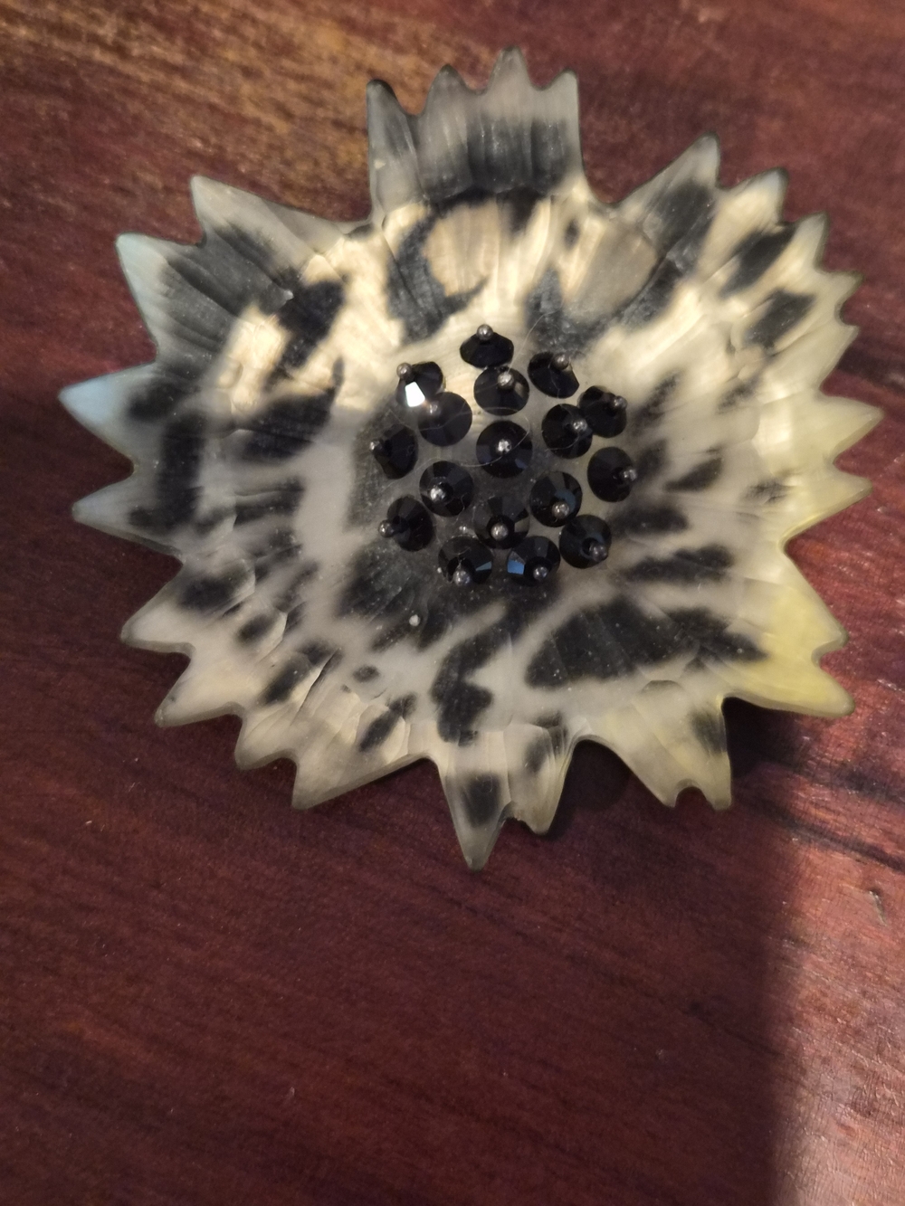Alexis Bittar Hand Carved Lucite Flower Brooch Pin Black Crystals